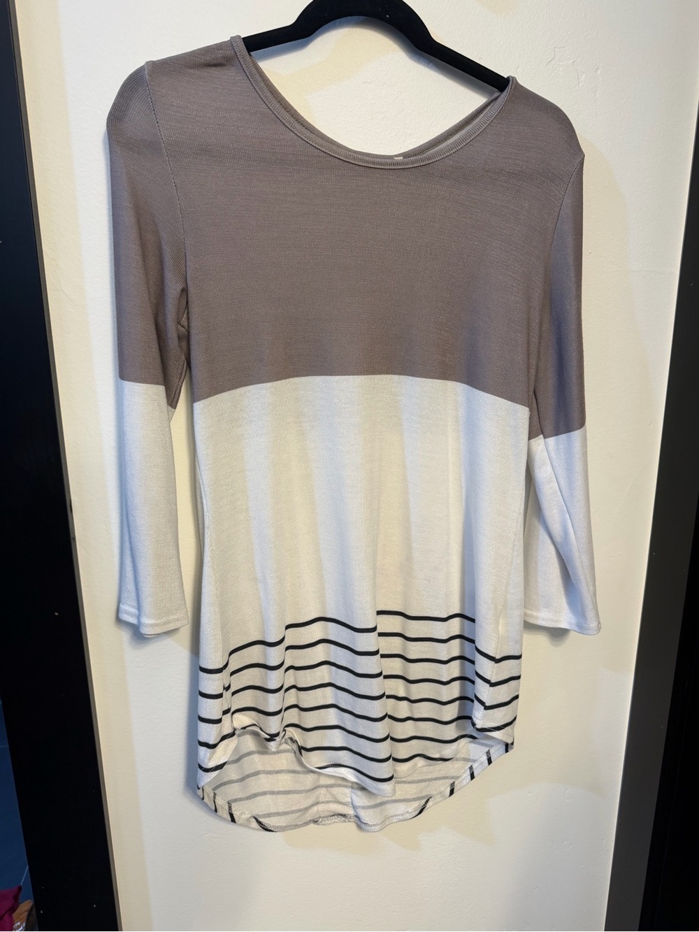 Women’s Two-Tone Taupe and White Striped Long Sleeve Top